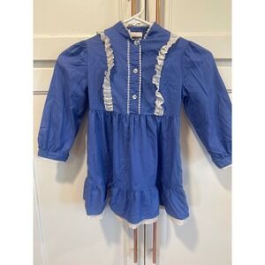 Vintage ILGWU Girls Blue Eyelet Lace Ruffle Prairie Dress Size 6 Made USA read
